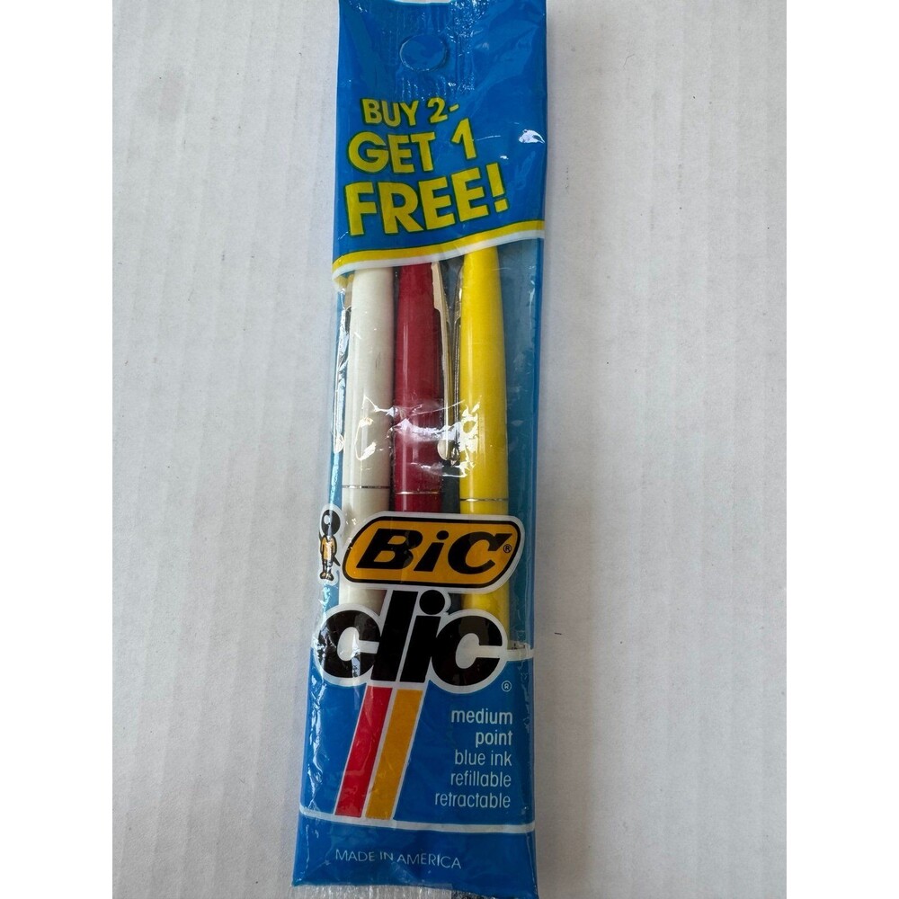 New Vintage 1984 Bic Clic Pens in Bag Red White Yellow Medium Point Blue Ink